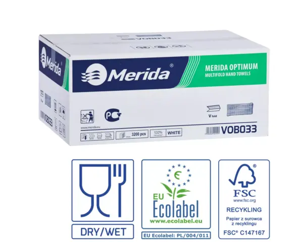 Ręczniki papierowe MERIDA OPTIMUM, białe, dwuwarstwowe, 3200 szt., ECOLABEL Białe ręczniki papierowe MERIDA OPTIMUM VOB033, 2-warstwowe, 3200 sztuk