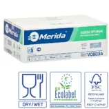Opakowanie ręczników papierowych MERIDA OPTIMUM VOB034 – białe, 2-warstwowe, 3200 sztuk, produkt do toalet publicznych z certyfikatem EU Ecolabel