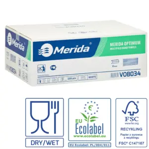 Opakowanie ręczników papierowych MERIDA OPTIMUM VOB034 – białe, 2-warstwowe, 3200 sztuk, produkt do toalet publicznych z certyfikatem EU Ecolabel