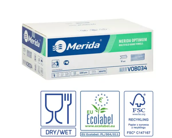 Opakowanie ręczników papierowych MERIDA OPTIMUM VOB034 – białe, 2-warstwowe, 3200 sztuk, produkt do toalet publicznych z certyfikatem EU Ecolabel