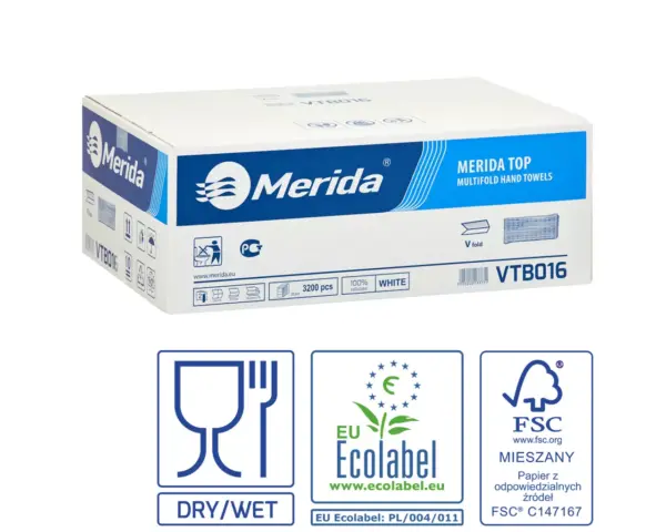 Ręczniki papierowe MERIDA TOP, białe, dwuwarstwowe, 3200 szt., ECOLABEL ręczniki zzskładane v dwuwarstwowe celuloza ECOLABEL