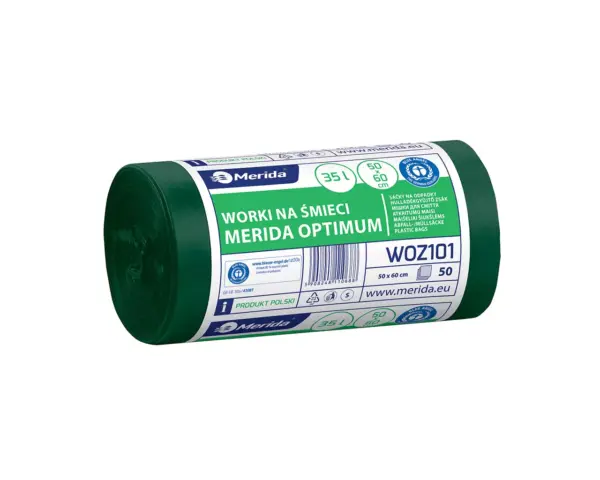 Worki na śmieci 35 l, MERIDA OPTIMUM BLUE ANGEL, zielone, 50x60 cm, rolka 50 szt. Worki na śmieci 35 l Merida Optimum, certyfikat Blue Angel