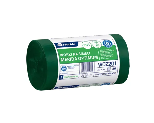Worki na śmieci 70 l, MERIDA OPTIMUM BLUE ANGEL, zielone, 60x90 cm, rolka 50 szt. Worki na śmieci 70 l zielone rolka 50 sztuk Merida Optimum