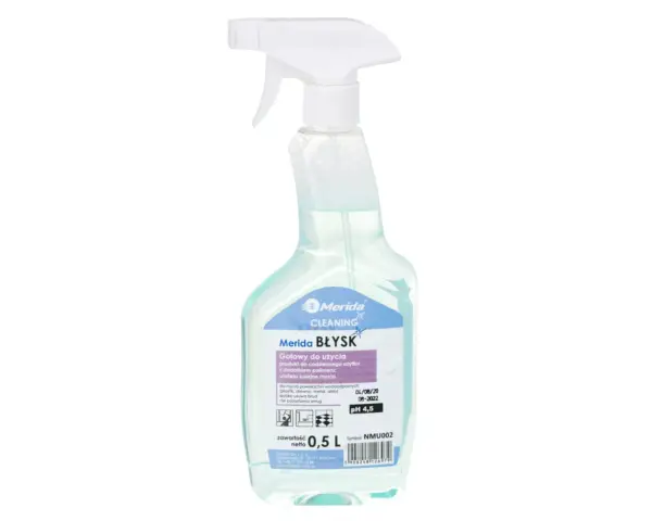 Płyn do mycia powierzchni wodoodpornych, MERIDA BŁYSK, profesjonalny, butelka ze spryskiwaczem 500 ml Turkusowy płyn MERIDA BŁYSK do mycia powierzchni wodoodpornych 500 ml