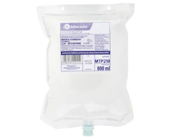 Mydło w pianie, MERIDA HARMONY LUX AUTOMATIC BEZWONNE, jednorazowy wkład 800 ml, bez zapachu Bezwonne mydło w piance Merida Harmony LUX Automatic (MTP218) – wkład 800 ml, ~2000 porcji; kompatybilne z Harmony i Stella Automatic Slim.