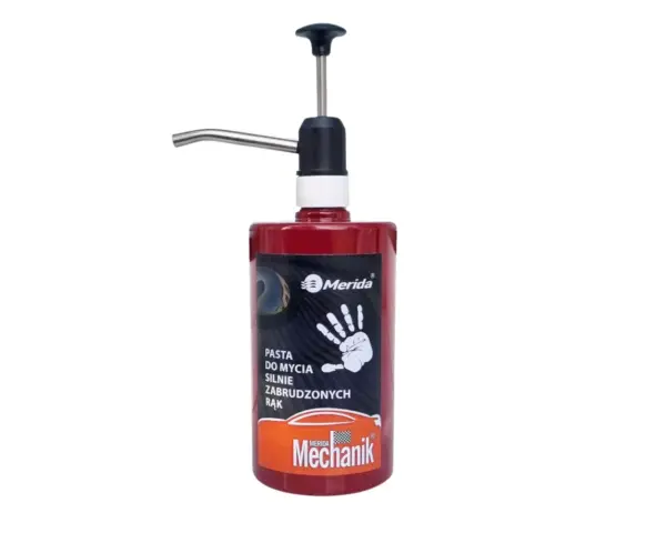 Pasta do mycia silnie zabrudzonych rąk MERIDA MECHANIK, rubinowa butelka z pompką, 500 g Pasta do mycia rąk Merida Mechanik MTX002, 500 g, rubinowa butelka z pompką