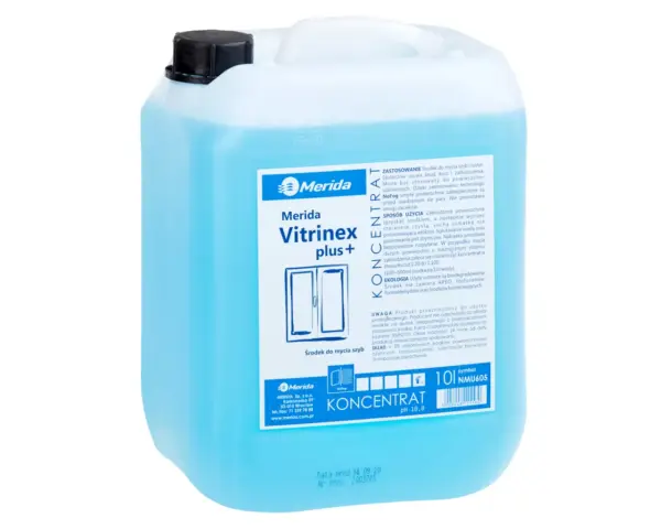 Płyn do mycia szyb, MERIDA VITRINEX PLUS, koncentrat, kanister 10 l Kanister 10 l Vitrinex Plus – płyn do szyb, luster i szkła; bez smug i zacieków.