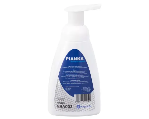 Pianka do mycia naczyń, MERIDA ULTRA FOAM, butelka ze pompką spieniającą 300 ml Butelka pianki Merida Ultra Foam 300 ml o zapachu eukaliptusowym
