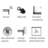 Piktogramy obsługi kosza bezdotykowego SENSOR tryb otwarcia i zamknięcia