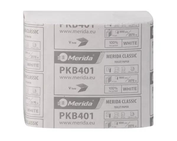 Papier toaletowy w listkach, MERIDA CLASSIC ECOLABEL, jednowarstwowy, biały, karton 9000 szt. Gofrowany listek papieru toaletowego 23x9,4 cm, miękki, certyfikat EU Ecolabel