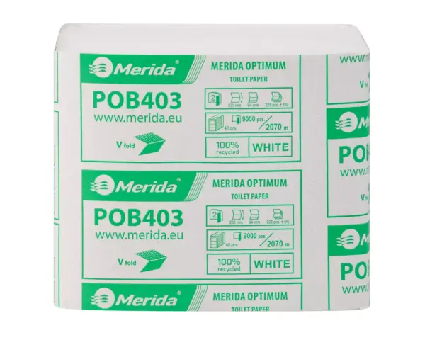 Papier toaletowy w listkach, MERIDA OPTIMUM ECOLABEL, dwuwarstwowy, biały, karton 9000 szt. Paczki listków papieru toaletowego Merida Optimum, 40 paczek po 225 szt.