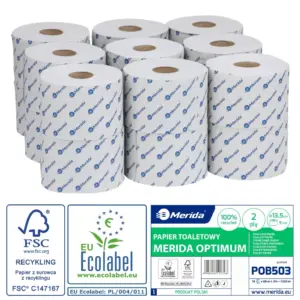 Papier toaletowy Merida Optimum POB503 – biały dwuwarstwowy 68 m, średnica 13,5 cm, opakowanie 18 rolek