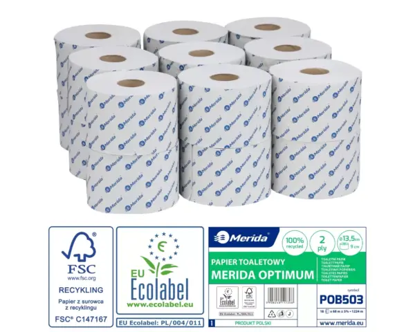 Papier toaletowy Merida Optimum POB503 – biały dwuwarstwowy 68 m, średnica 13,5 cm, opakowanie 18 rolek
