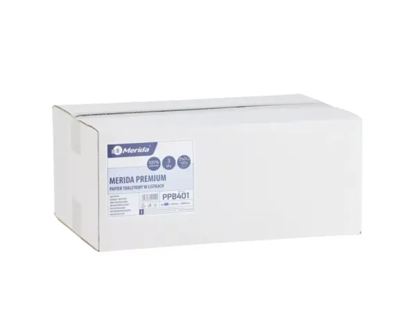 Pojemnik na papier toaletowy w listkach MERIDA TOP za 1 zł netto przy zakupie 2 kartonów papierów toaletowych MERIDA PREMIUM PPB401 (9 600 listków) MERIDA PREMIUM papier w listkach – 3-warstwowy, gofrowany, 4800 szt.