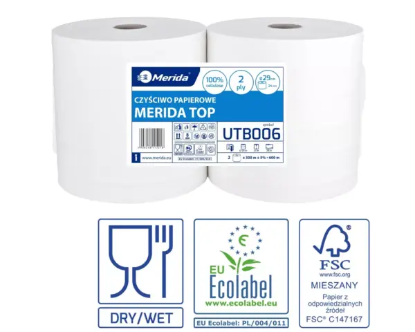 Czyściwo papierowe, MERIDA TOP 24 ECOLABEL, dwuwarstwowe, białe, długość 300 m, zgrzewka 2 sztuki Czyściwo papierowe Merida TOP 24 dwuwarstwowe białe rolka 300 m