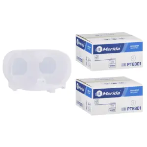 Pojemnik na dwie rolki papieru toaletowego bez gilzy MERIDA HARMONY za 50 zł netto przy zakupie 2 kartonów papieru toaletowego MERIDA TOP PTB301 (36 x 85 m = 3060 m, 12 240 listków)