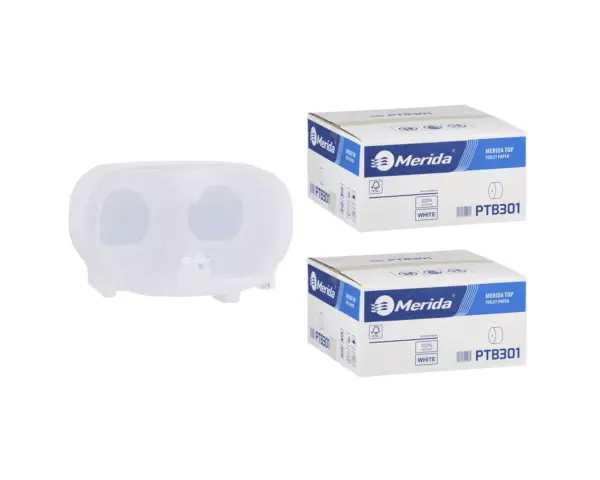 Pojemnik na dwie rolki papieru toaletowego bez gilzy MERIDA HARMONY za 50 zł netto przy zakupie 2 kartonów papieru toaletowego MERIDA TOP PTB301 (36 x 85 m = 3060 m, 12 240 listków) Pojemnik na dwie rolki papieru toaletowego bez gilzy MERIDA HARMONY za 50 zł netto przy zakupie 2 kartonów papieru toaletowego MERIDA TOP PTB301 (36 x 85 m = 3060 m, 12 240 listków)