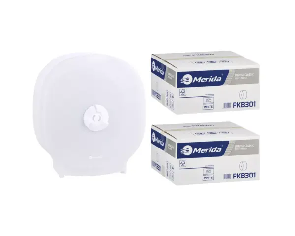 Pojemnik na cztery rolki papieru toaletowego bez gilzy MERIDA HARMONY za 75 zł netto przy zakupie 2 kartonów papiery toaletowego MERIDA CLASSIC PKB301 (36 x 125 m = 4500 m, 18 000 listków) Pojemnik na cztery rolki papieru toaletowego bez gilzy MERIDA HARMONY za 75 zł netto przy zakupie 2 kartonów papiery toaletowego MERIDA CLASSIC PKB301 (36 x 125 m = 4500 m, 18 000 listków)