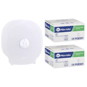 Pojemnik na cztery rolki papieru toaletowego bez gilzy MERIDA HARMONY za 75 zł netto przy zakupie 2 kartonów papiery toaletowego MERIDA OPTIMUM POB301 (36 x 85 m = 3060 m, 12 240 listków)