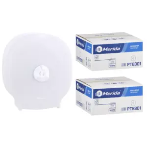 Pojemnik na cztery rolki papieru toaletowego bez gilzy MERIDA HARMONY za 75 zł netto przy zakupie 2 kartonów papiery toaletowego MERIDA TOP PTB301 (36 x 85 m = 3060 m, 12 240 listków)