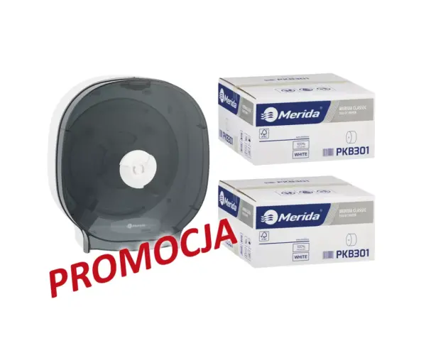 Pojemnik na cztery rolki papieru toaletowego bez gilzy MERIDA ONE biały za 75 zł netto przy zakupie 2 kartonów papiery toaletowego MERIDA CLASSIC PKB301 (36 x 125 m = 4500 m, 18 000 listków) Biały pojemnik MERIDA ONE na cztery rolki papieru toaletowego bez gilzy