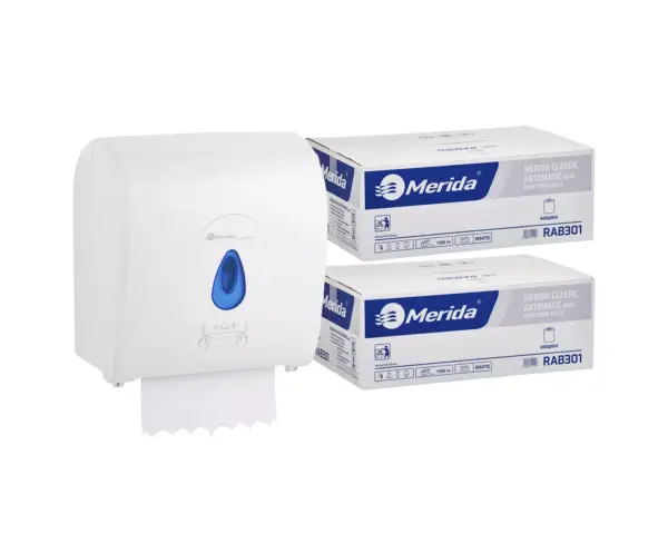 Mechaniczny podajnik ręczników MERIDA TOP niebieski za 100 zł netto przy zakupie 2 kartonów ręczników MERIDA CLASSIC AUTOMATIC RAB301 (12 x 250 m = 3 000 m, 12 500 listków)