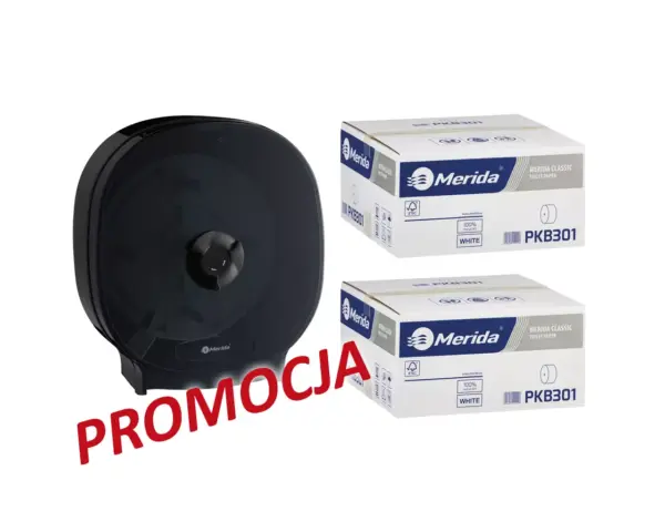 Pojemnik na cztery rolki papieru toaletowego bez gilzy MERIDA ONE czarny za 75 zł netto przy zakupie 2 kartonów papiery toaletowego MERIDA CLASSIC PKB301 (36 x 125 m = 4500 m, 18 000 listków) Czarny pojemnik MERIDA ONE na cztery rolki papieru toaletowego bez gilzy