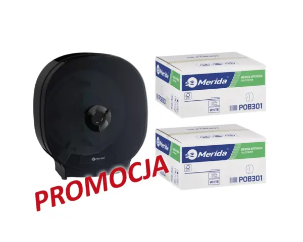 Pojemnik na cztery rolki papieru toaletowego bez gilzy MERIDA ONE czarny za 75 zł netto przy zakupie 2 kartonów papiery toaletowego MERIDA OPTIMUM POB301 (36 x 85 m = 3060 m, 12 240 listków) Czarny pojemnik MERIDA ONE na cztery rolki papieru toaletowego bez gilzy