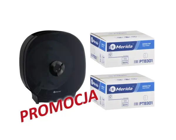 Pojemnik na cztery rolki papieru toaletowego bez gilzy MERIDA ONE czarny za 75 zł netto przy zakupie 2 kartonów papiery toaletowego MERIDA TOP PTB301 (36 x 85 m = 3060 m, 12 240 listków) Czarny pojemnik MERIDA ONE na cztery rolki papieru toaletowego bez gilzy