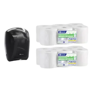 Pojemnik na papier toaletowy w listkach CENTER PULL czarny za 75 zł netto przy zakupie 2 opakowań papieru MERIDA OPTIMUM POB702