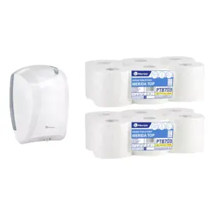 Pojemnik na papier toaletowy w listkach CENTER PULL biały za 75 zł netto przy zakupie 2 opakowań papieru MERIDA TOP PTB703
