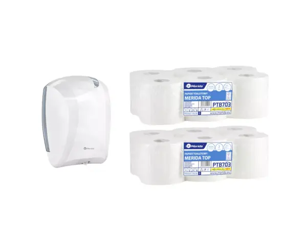 Pojemnik na papier toaletowy w listkach CENTER PULL biały za 75 zł netto przy zakupie 2 opakowań papieru MERIDA TOP PTB703