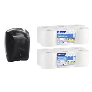 Pojemnik na papier toaletowy w listkach CENTER PULL czarny za 75 zł netto przy zakupie 2 opakowań papieru MERIDA TOP PTB703