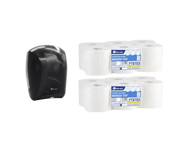Pojemnik na papier toaletowy w listkach CENTER PULL czarny za 75 zł netto przy zakupie 2 opakowań papieru MERIDA TOP PTB703