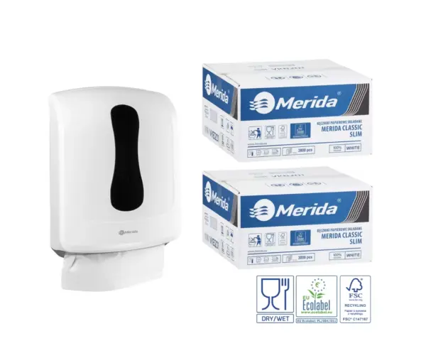 Pojemnik na ręczniki składane MERIDA ONE biały za 1 zł netto przy zakupie 2 kartonów ręczników składanych MERIDA CLASSIC SLIM ECOLABEL VKB201 (2 x 3000 = 6 000 listków) "Merida ONE SLIM biały pojemnik na ręczniki składane + 2 kartony ręczników SLIM – zestaw promocyjny 1 zł netto