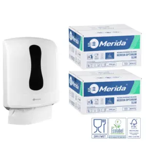 Zestaw promocyjny Merida ONE SLIM biały pojemnik na ręczniki składane + 2 kartony ręczników Optimum SLIM Ecolabel 5 400 listków, cena 1 zł netto