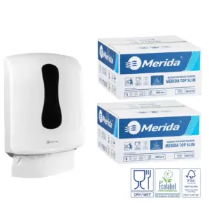Merida ONE SLIM biały pojemnik na ręczniki składane + 2 kartony TOP SLIM Ecolabel 6 000 listków