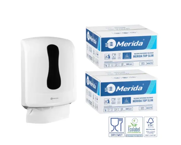 Pojemnik na ręczniki składane MERIDA ONE biały za 1 zł netto przy zakupie 2 kartonów ręczników składanych MERIDA TOP SLIM ECOLABEL VTB210 (2 x 3000 = 6 000 listków) Merida ONE SLIM biały pojemnik na ręczniki składane + 2 kartony TOP SLIM Ecolabel 6 000 listków
