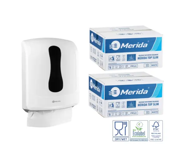 Pojemnik na ręczniki składane MERIDA ONE biały za 1 zł netto przy zakupie 2 kartonów ręczników składanych MERIDA TOP SLIM ECOLABEL VTB207 (2 x 2700 = 5 400 listków) Merida ONE SLIM biały pojemnik na ręczniki składane + 2 kartony TOP SLIM Ecolabel (5 400 listków) za 1 zł netto