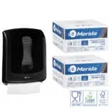 Merida ONE SLIM czarny pojemnik na ręczniki składane + 2 kartony ręczników Classic SLIM Ecolabel (6 000 listków) — zestaw promocyjny za 1 zł netto