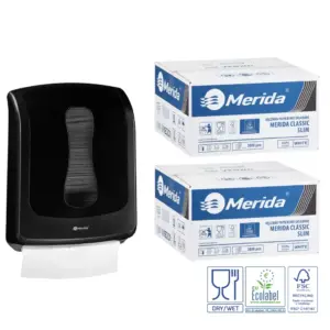 Merida ONE SLIM czarny pojemnik na ręczniki składane + 2 kartony ręczników Classic SLIM Ecolabel (6 000 listków) — zestaw promocyjny za 1 zł netto