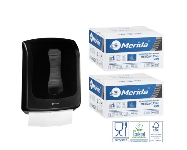 Pojemnik na ręczniki składane MERIDA ONE czarny za 1 zł netto przy zakupie 2 kartonów ręczników składanych MERIDA CLASSIC SLIM ECOLABEL VKB201 (2 x 3000 = 6 000 listków) Merida ONE SLIM czarny pojemnik na ręczniki składane + 2 kartony ręczników Classic SLIM Ecolabel (6 000 listków) — zestaw promocyjny za 1 zł netto