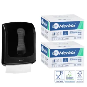 Merida ONE SLIM czarny pojemnik na ręczniki składane + 2 kartony Optimum SLIM Ecolabel (5 400 listków) – zestaw za 1 zł netto