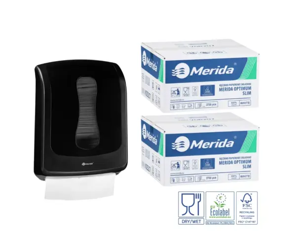 Pojemnik na ręczniki składane MERIDA ONE czarny za 1 zł netto przy zakupie 2 kartonów ręczników składanych MERIDA OPTIMUM SLIM ECOLABEL VOB207 (2 x 2700 = 5 400 listków) Merida ONE SLIM czarny pojemnik na ręczniki składane + 2 kartony Optimum SLIM Ecolabel (5 400 listków) – zestaw za 1 zł netto