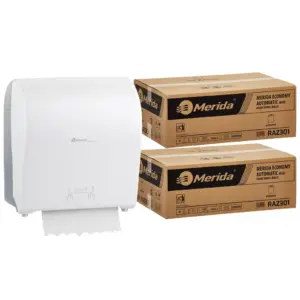 Mechaniczny podajnik ręczników MERIDA SOLID CUT za 100 zł netto przy zakupie 2 kartonów ręczników MERIDA ECONOMY AUTOMATIC RAZ301 (12 x 250 m = 3 000 m, 12 500 listków)