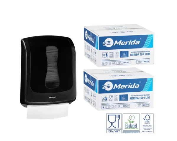 Pojemnik na ręczniki składane MERIDA ONE czarny za 1 zł netto przy zakupie 2 kartonów ręczników składanych MERIDA TOP SLIM ECOLABEL VTB210 (2 x 3000 = 6 000 listków) Merida ONE SLIM czarny pojemnik na ręczniki składane + 2 kartony ręczników TOP SLIM Ecolabel 6 000 listków – zestaw promocyjny za 1 zł netto