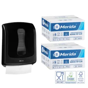 Merida ONE SLIM czarny pojemnik na ręczniki składane + 2 kartony Top SLIM Ecolabel (5 400 listków) – zestaw promocyjny za 1 zł netto
