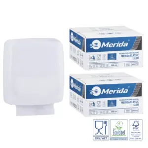 Merida Harmony SLIM czarny pojemnik na ręczniki składane + 2 kartony Classic SLIM Ecolabel (6 000 listków) – zestaw promocyjny za 1 zł netto