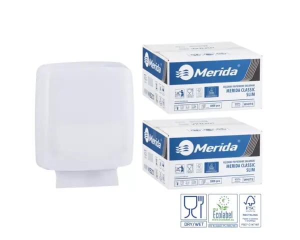 Pojemnik na ręczniki składane MERIDA HARMONY SLIM za 1 zł netto przy zakupie 2 kartonów ręczników składanych MERIDA CLASSIC SLIM ECOLABEL VKB201 (2 x 3000 = 6 000 listków) Merida Harmony SLIM czarny pojemnik na ręczniki składane + 2 kartony Classic SLIM Ecolabel (6 000 listków) – zestaw promocyjny za 1 zł netto
