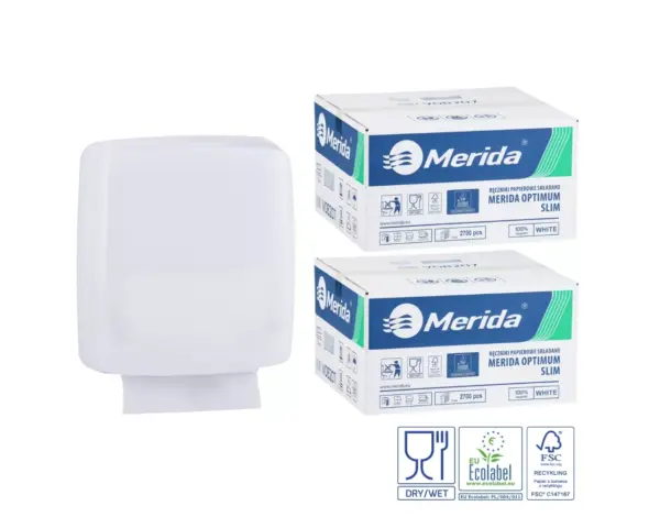 Pojemnik na ręczniki składane MERIDA HARMONY SLIM za 1 zł netto przy zakupie 2 kartonów ręczników składanych MERIDA OPTIMUM SLIM ECOLABEL VOB207 (2 x 2700 = 5 400 listków) Merida Harmony SLIM czarny pojemnik na ręczniki składane + 2 kartony ręczników Classic SLIM Ecolabel (6 000 listków) – zestaw promocyjny za 1 zł